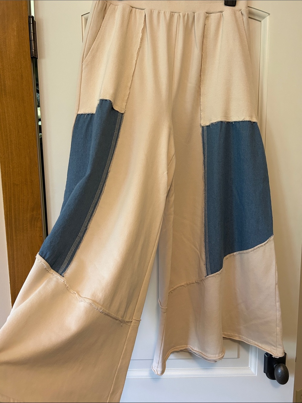 Beige and Blue Colorblock Wide-Leg Pants